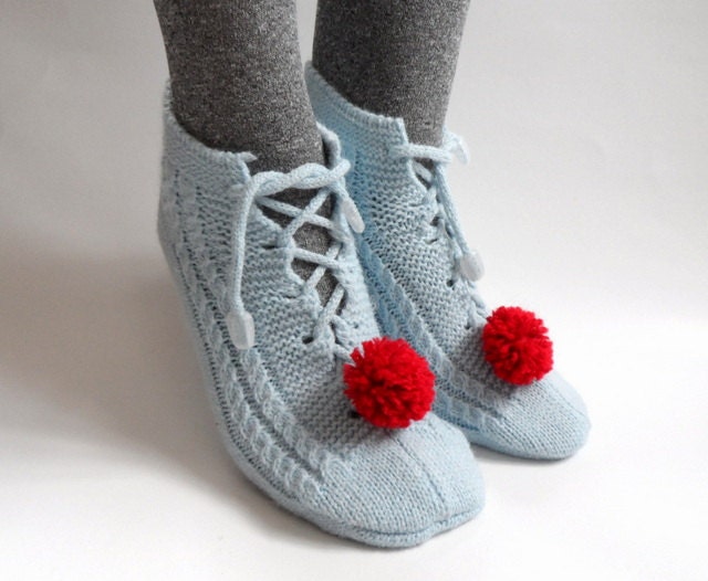 Blue Slipper Socks Women Socks with Red Pompom