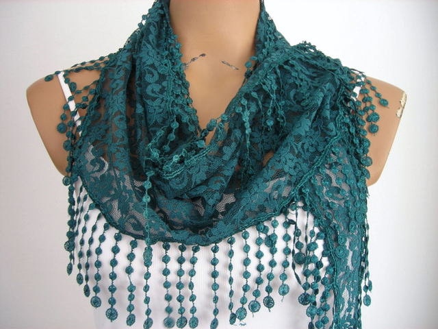 Tulle Forest Green Scarf Cowl with Tassel Woman Lace Shawl Wrap