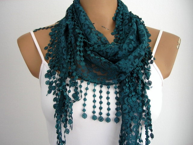 Tulle Forest Green Scarf Cowl with Tassel Woman Lace Shawl Wrap