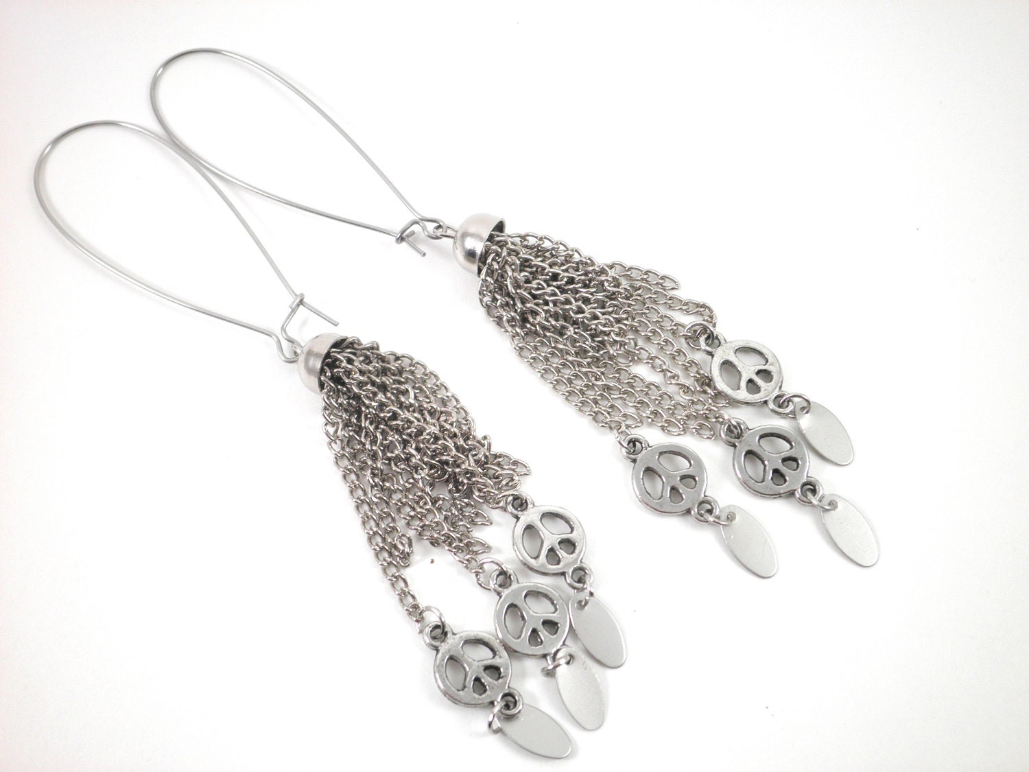 Peace Sign Earrings Metal Tassel Shoulder Duster Long Earrings