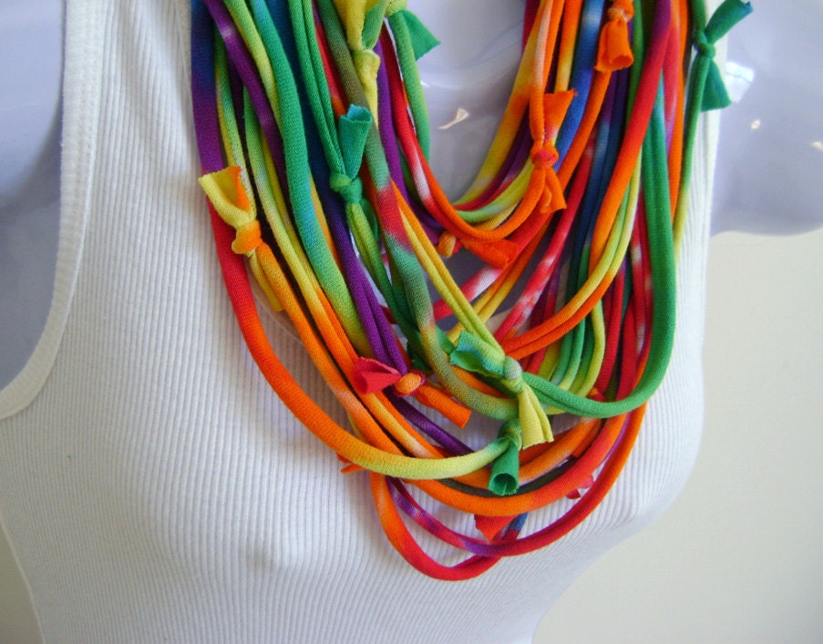 Tiedye FABRIC NECKLACE, Bright Rainbow Colors, Recycled T-shirt Fabric. Ready to Ship