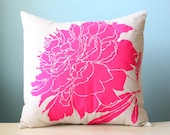 Peony Flower Linen Pillow Cover Decorative Cushion Throw 20x20 Fluorescent Magenta Pink Fuchsia Hand-Printed Screen Print Hostess Gift