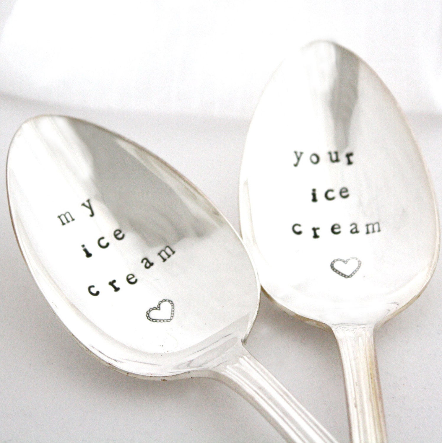 My Ice Cream Spoon and Your Ice Cream Spoon, set of 2 hand stamped vintage silver spoons with hearts, MADE TO ORDER.