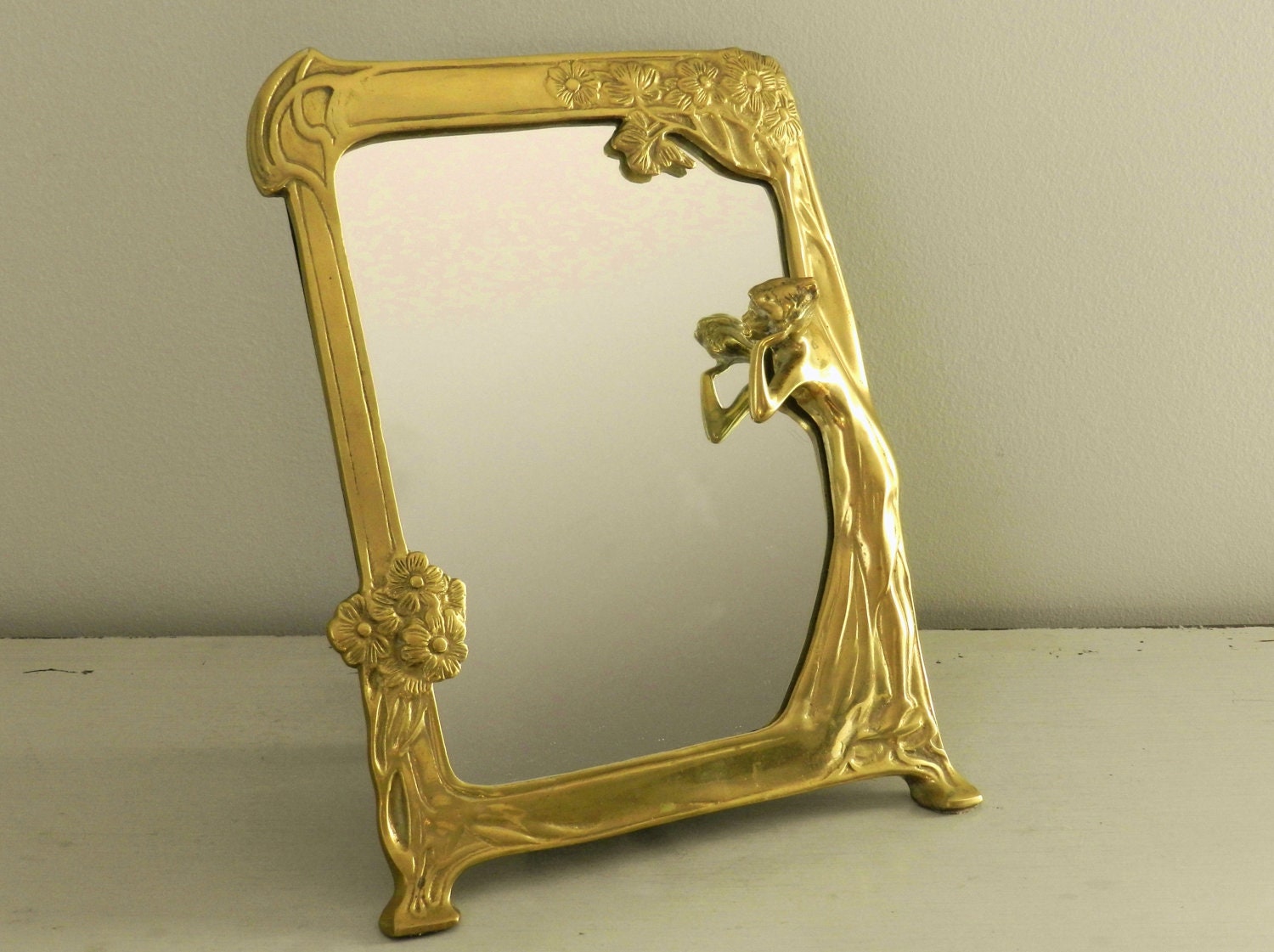 Vintage Brass Framed Mirror Table Vanity Art by ModRendition