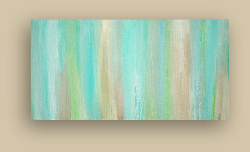 RESERVED for a Client. Aqua Original Abstract Acrylic Painting Fine art on Gallery Canvas Titled: JUST A WHISPER 24x48x1.5" by Ora Birenbaum