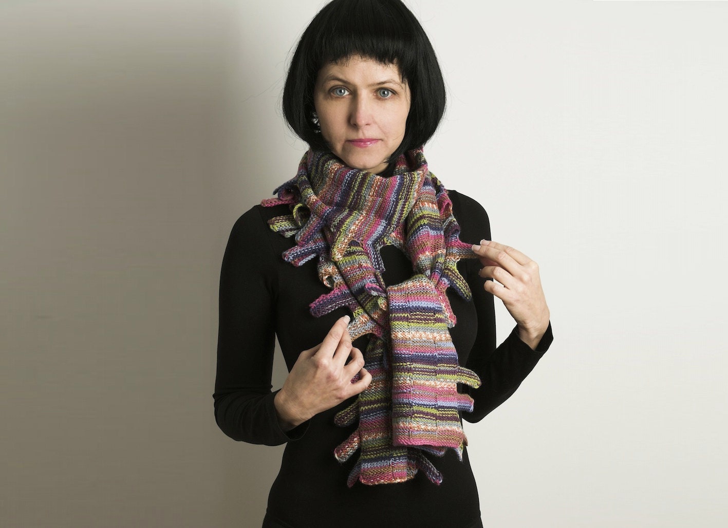 Colourful  HAND Knitted woollen SCARF, scarf for men and for women, violet, green, blue scarf