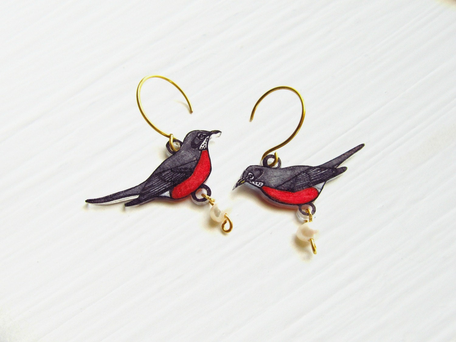 Robin Earrings, Shrink Plastic, Bird, Songbird, Spring, Woodland, Red Orange, Gray Grey, Wearable Art