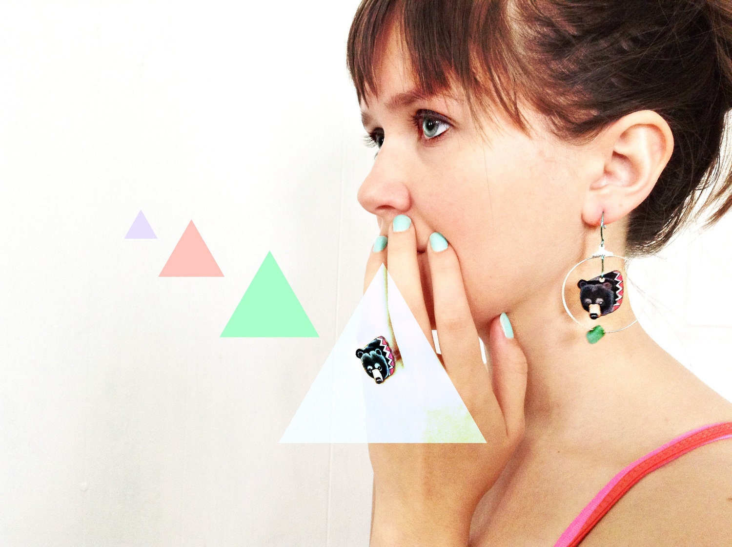 Black Bear Earrings  / Chevron Earrings / Hoop Earrings / Turquoise  / Woodland Animal / Zig Zag / Shrink Plastic Jewelry / Wearable Art
