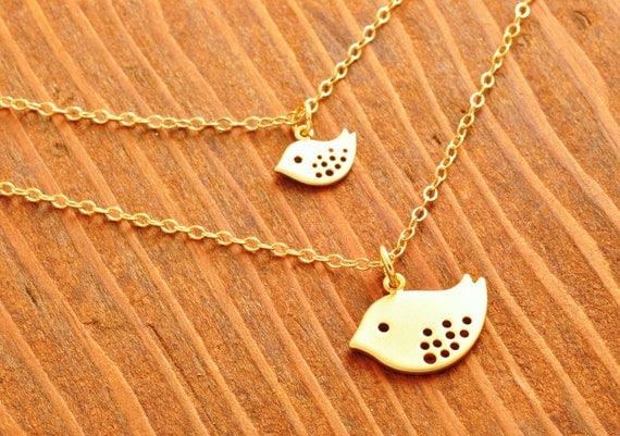 Mother and Daughter Necklace - double necklace, gold bird necklace, mom necklace, daughter necklace, pair necklace