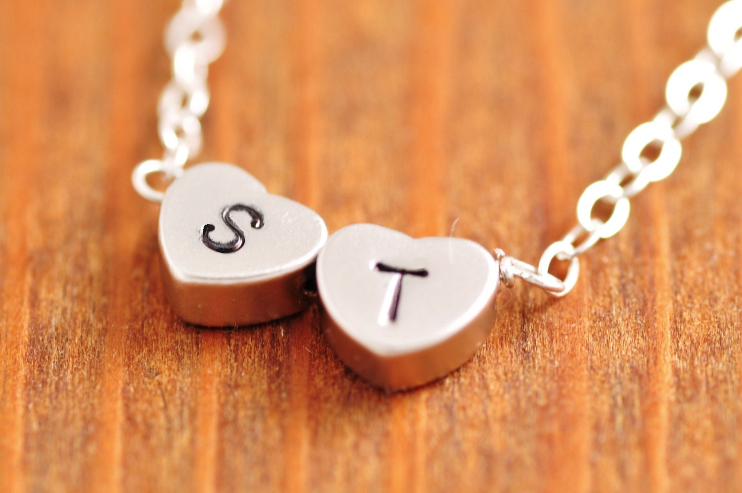 Double Heart Necklace - handstamped necklace, initial necklace, tiny heart necklace, love necklace, couple necklace