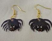 Dark Purple Kawaii Spider Earrings with fangs, plastic studs, charms on gold tone dangle halloween spooky Lolita Macabre cute