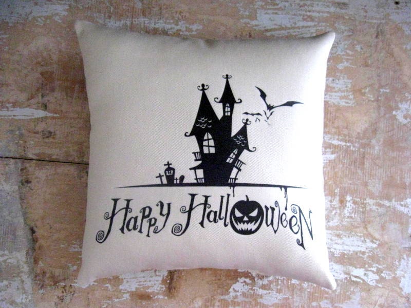 Halloween Pillow, Haunted House, Bats, Pumpkin, Halloween Silhouette, Home Decor, Housewares, Decorative Pillow
