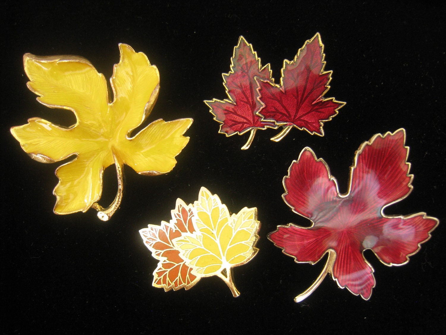 RESERVED until 9/22/12 for KR Lot of 4 Vintage Fall Leaf Brooches Enameled in Yellow, Orange, Red,  in Varied Sizes, Designs, and Condition