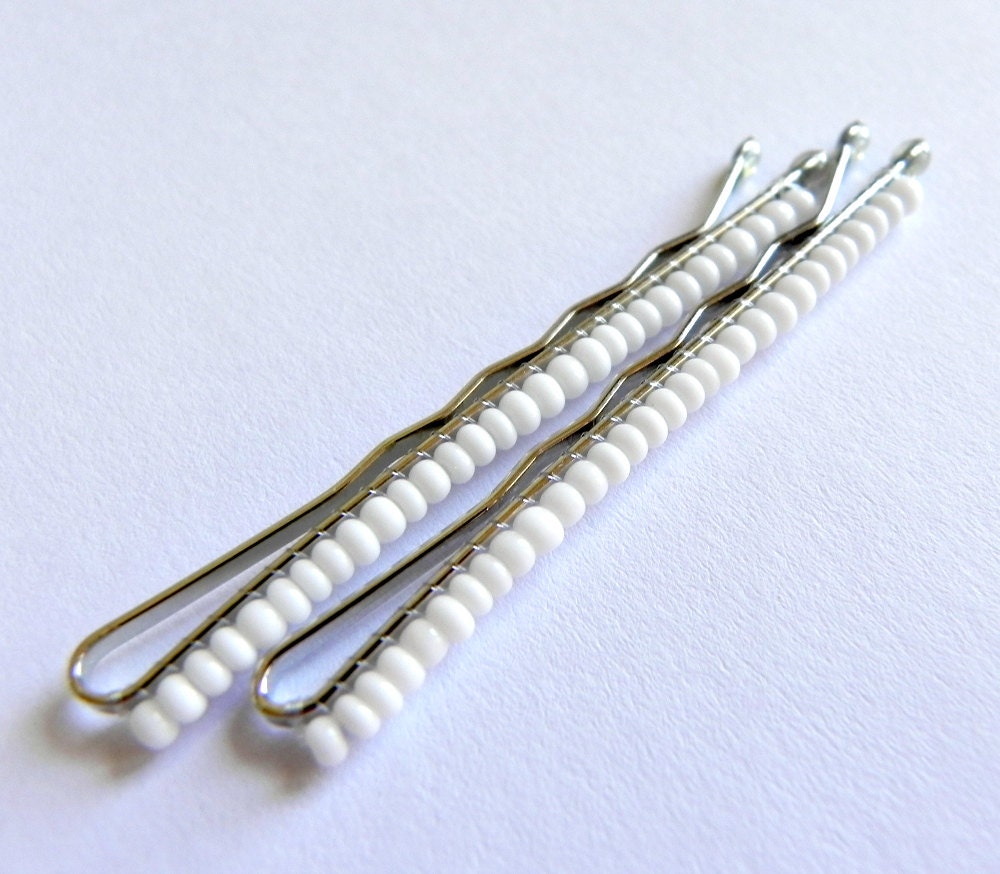 Beaded Bobby Pins: white seed bead hand beaded bobby pins for hair, gifts for her, hair accessories, girls, women, white bobby pins