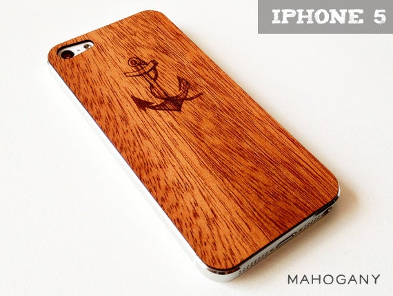 Anchor & Rope Etching on Real Wood iPhone 5 Skin Cover