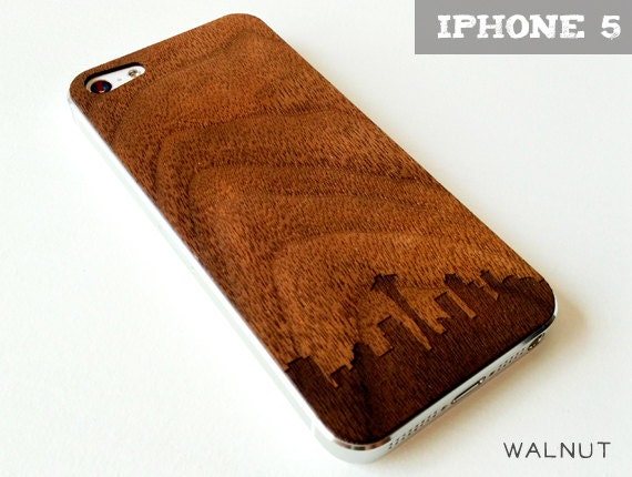 Seattle Skyline Etching on Real Wood iPhone 5 Skin Sticker