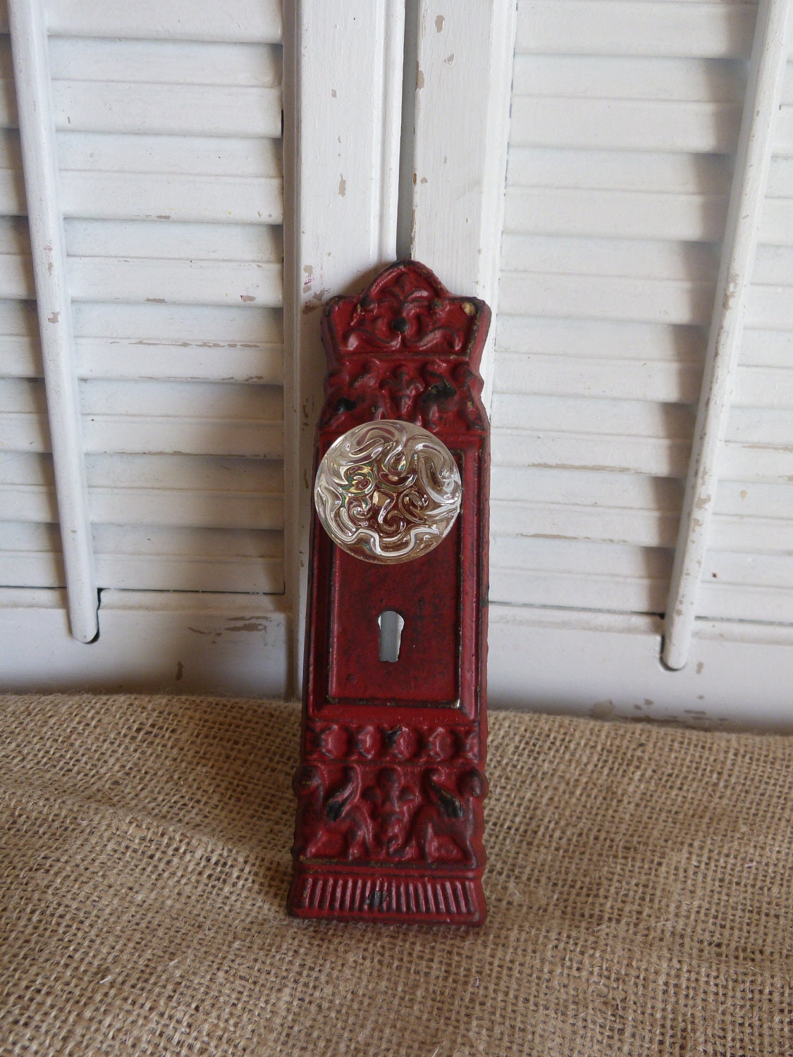 Rustic Red Cast Iron, Glass Door Knob,  Vintage Inspired Door Knob, Fleur De Lis, Cottage Chic, Necklace Holder, Key Holder
