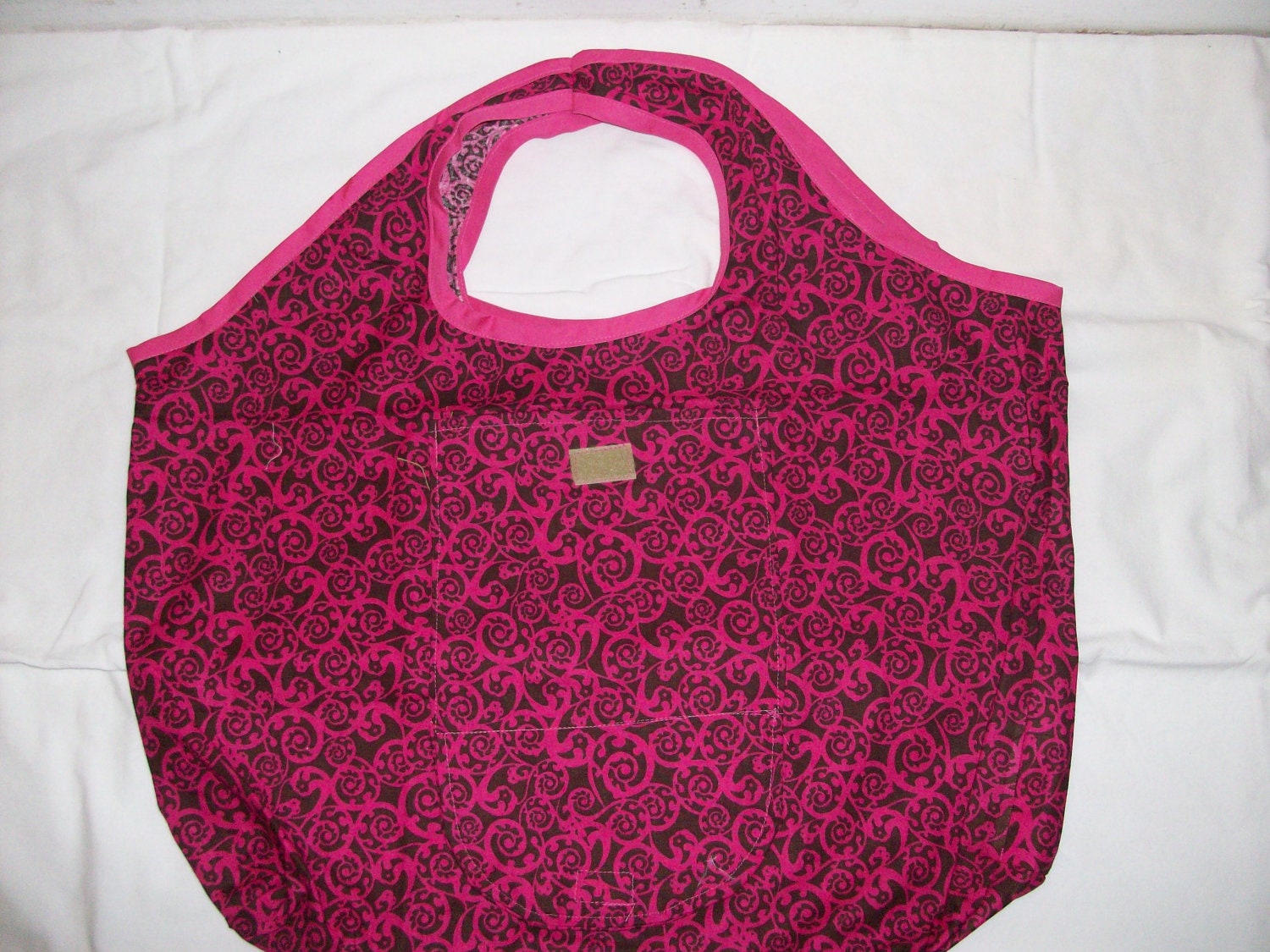 Pink and brown reuseable grocery bag