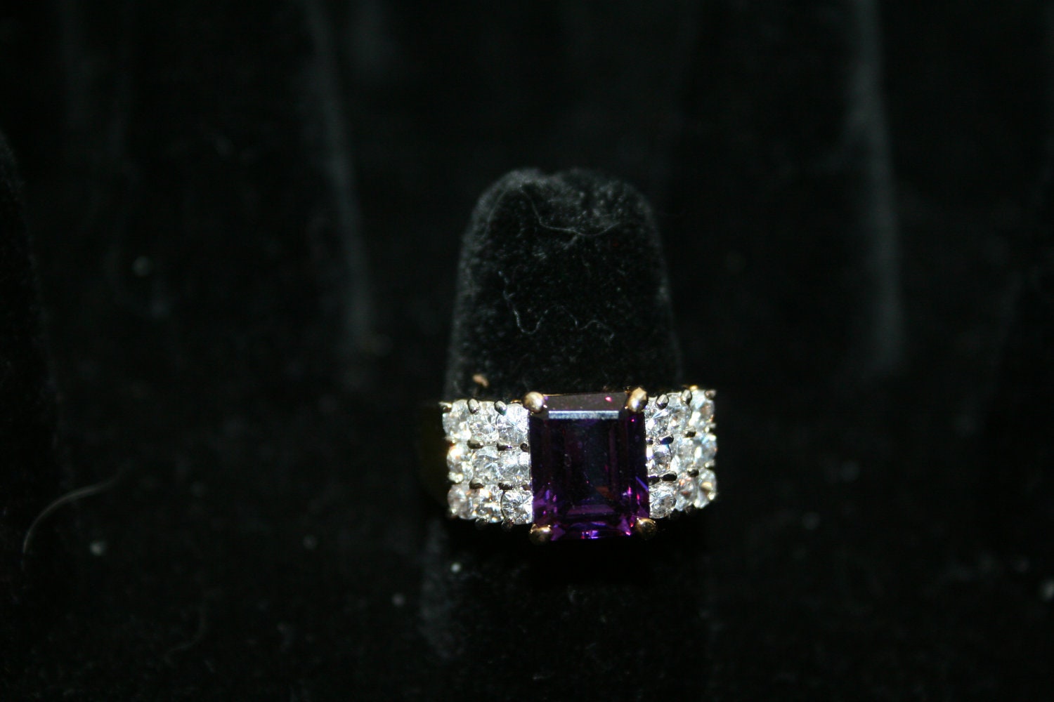 Wide Band Amethyst and White Rhinestone Ring 14 KT Gold Filled Taiwan