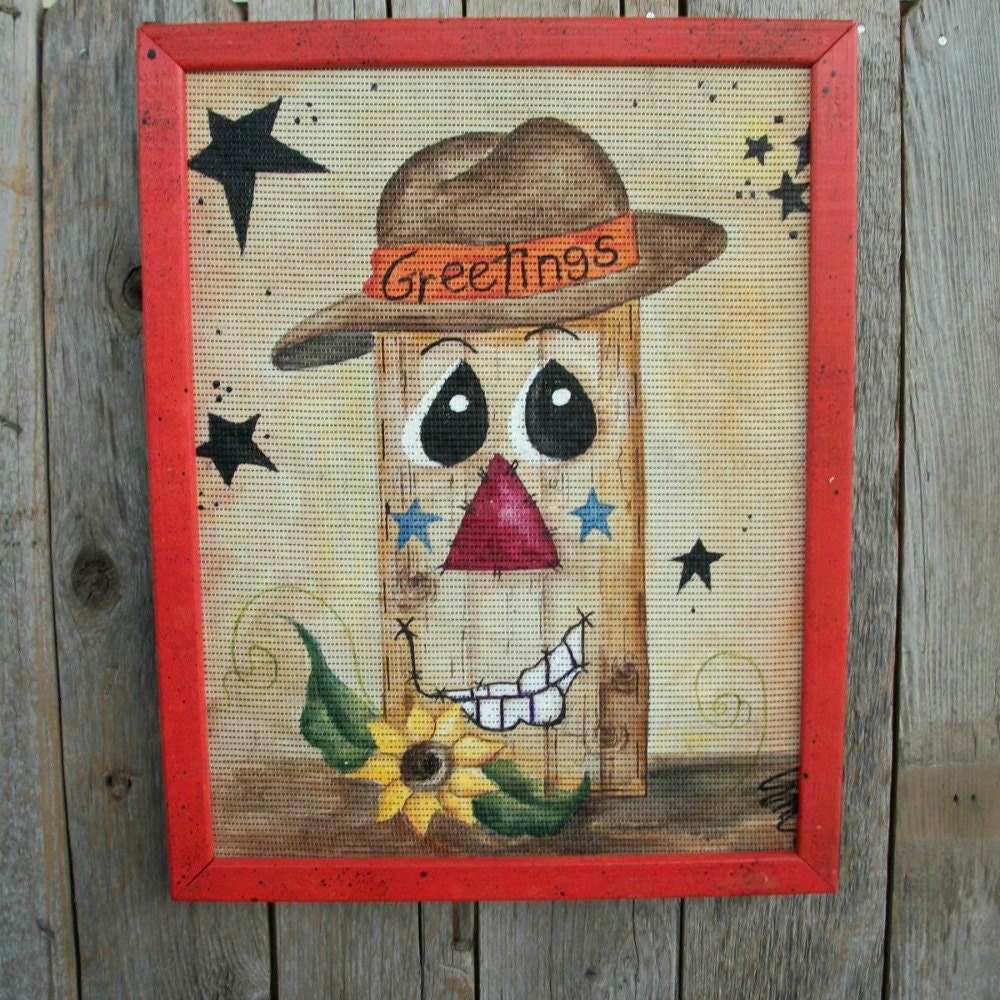 Primitive Scarecrow. 'Greetings' Sign. Sunflower. Black Stars. Fall Home Decor