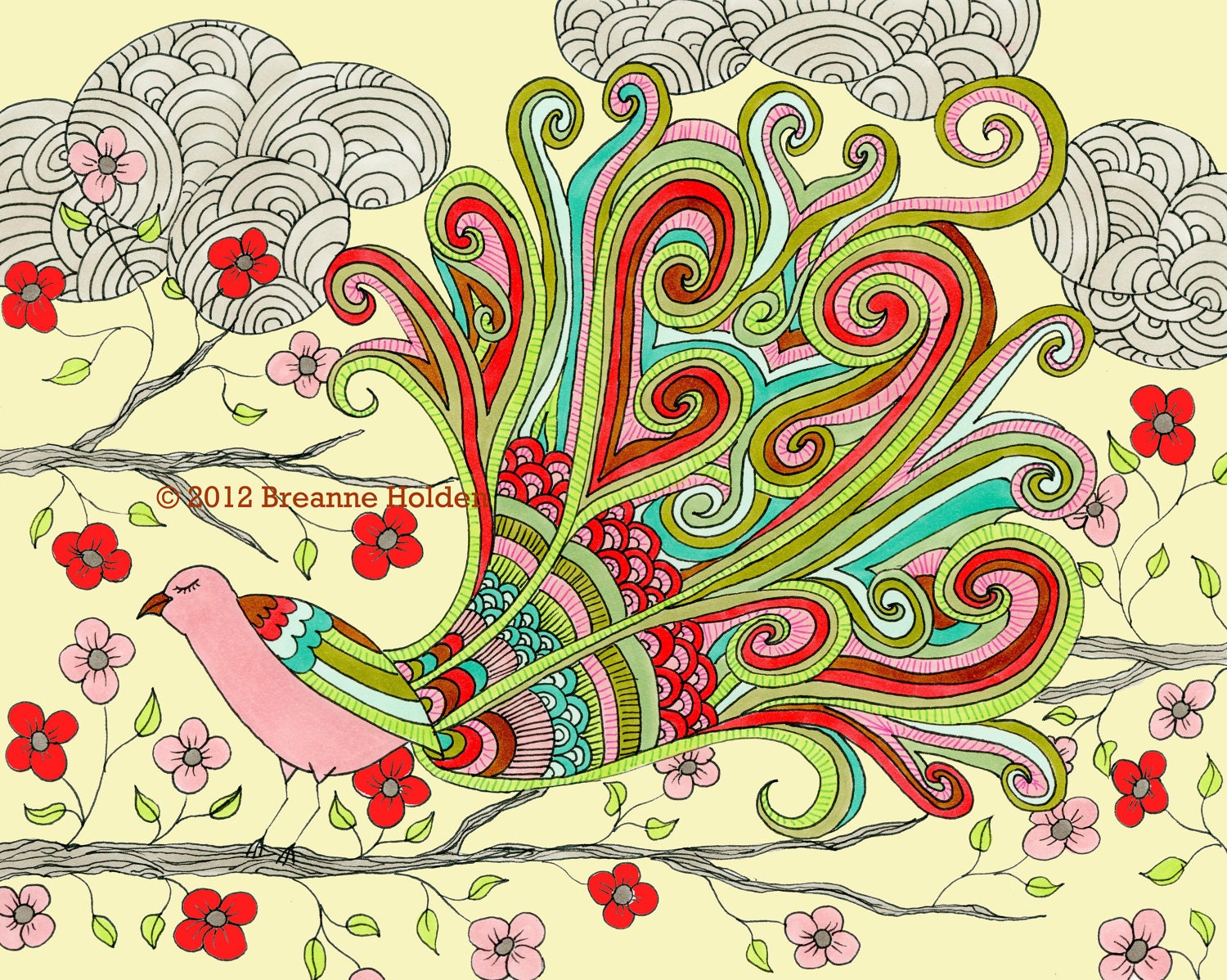 Whimsical Peacock Bird Illustration Painting Archival Print 8 X 10 "Odette"