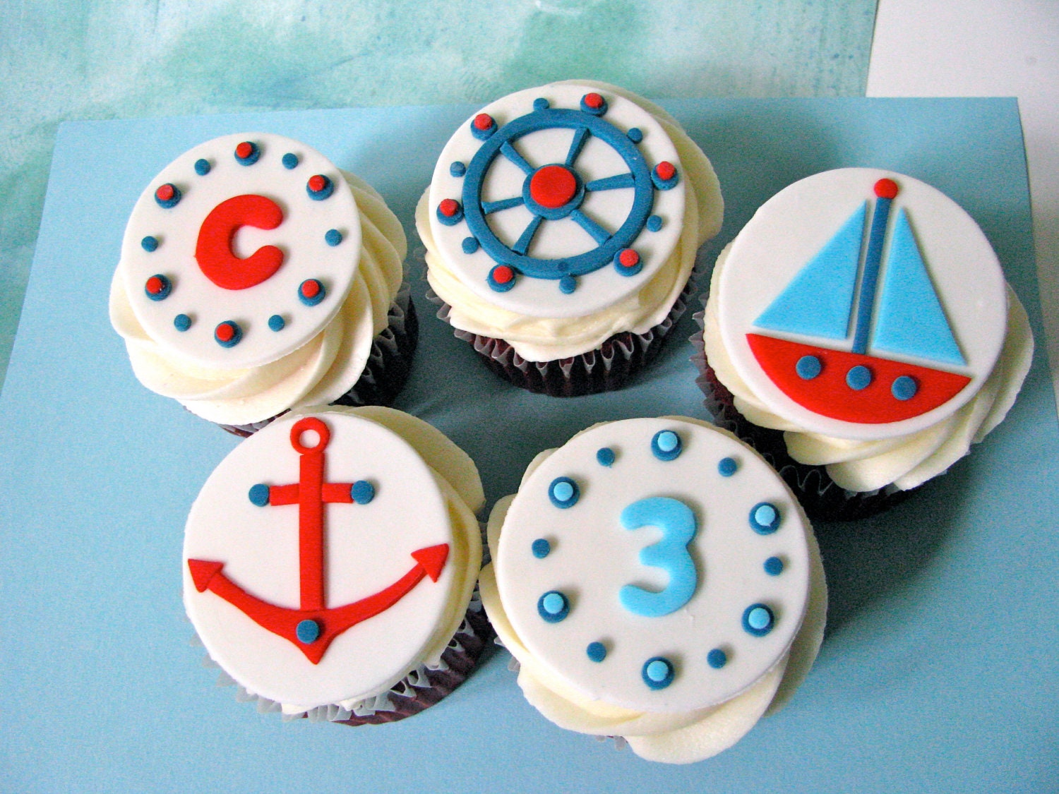 Nautical Sailboat Anchor Captain Ship Wheel Cupcake Topper Set