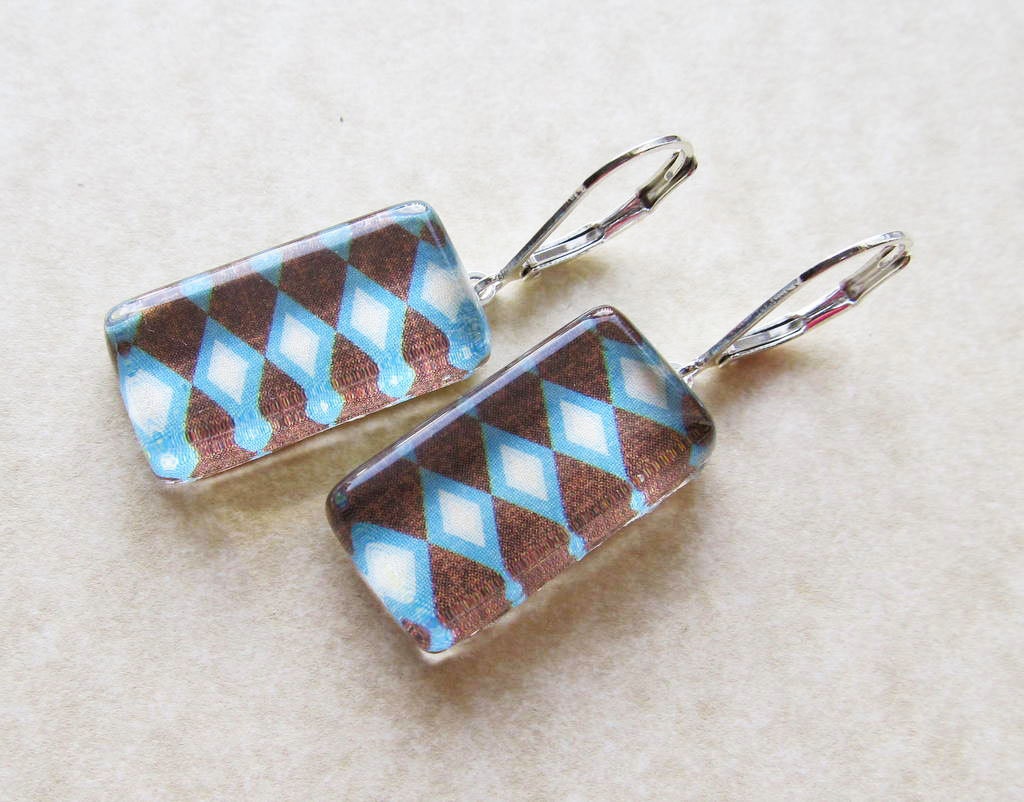 Dangle Drop Earrings - Rectangle Glass Cabochon with Sky Blue, Brown, and White Argyle Paper Print - Silver Plated Brass Lever Back Hooks