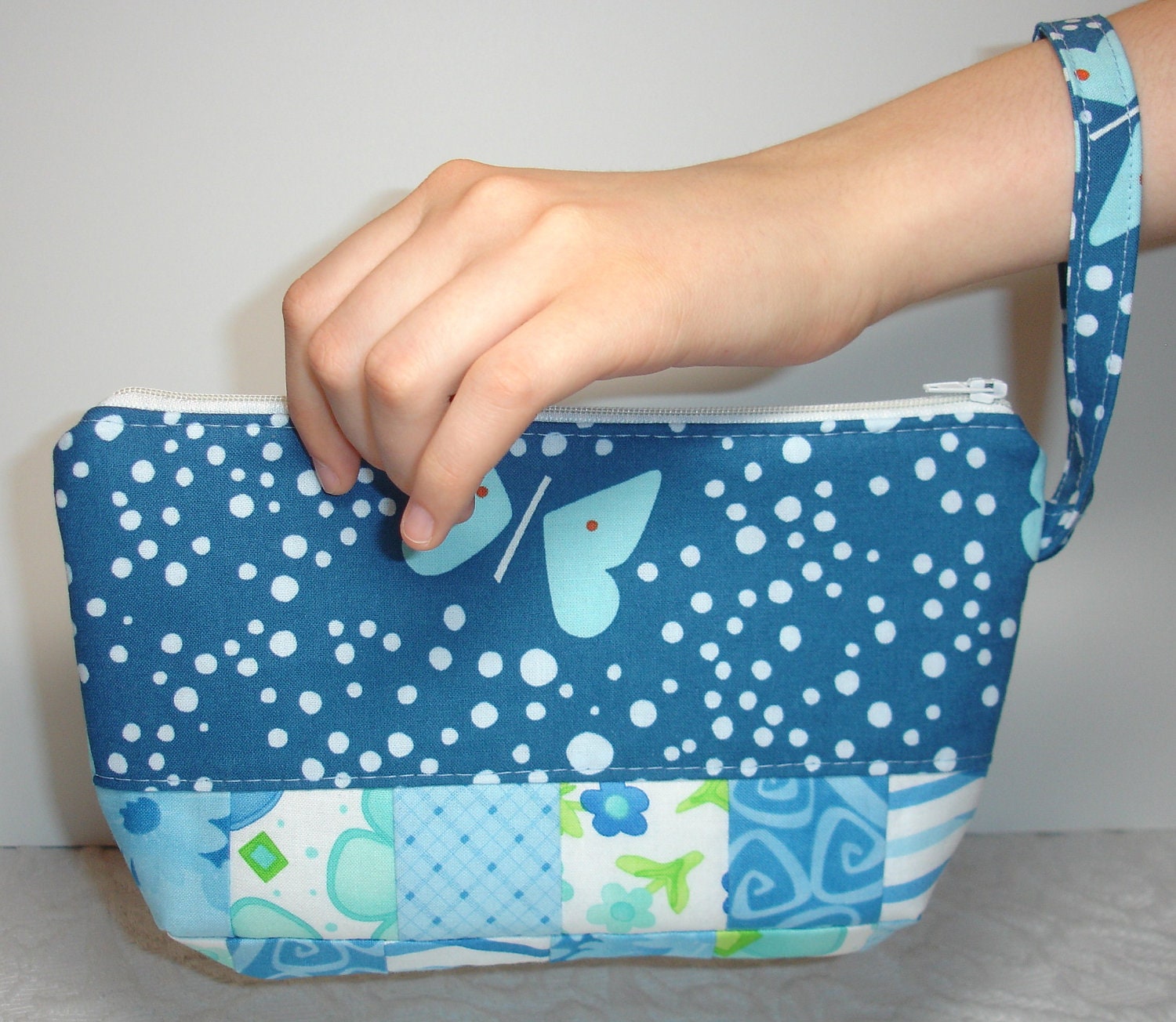 Wristlet Zippered Clutch Purse Bag Quilted - Light Blue, Navy, White - Butterfly - KeriQuilts