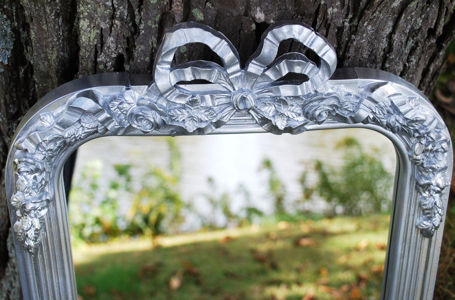 Vintage Ornate Mirror Rectangle Wall Hanging Modern, Old Hollywood Regency Silver Metallic Upcycled , Shabby Chic, Great Gift