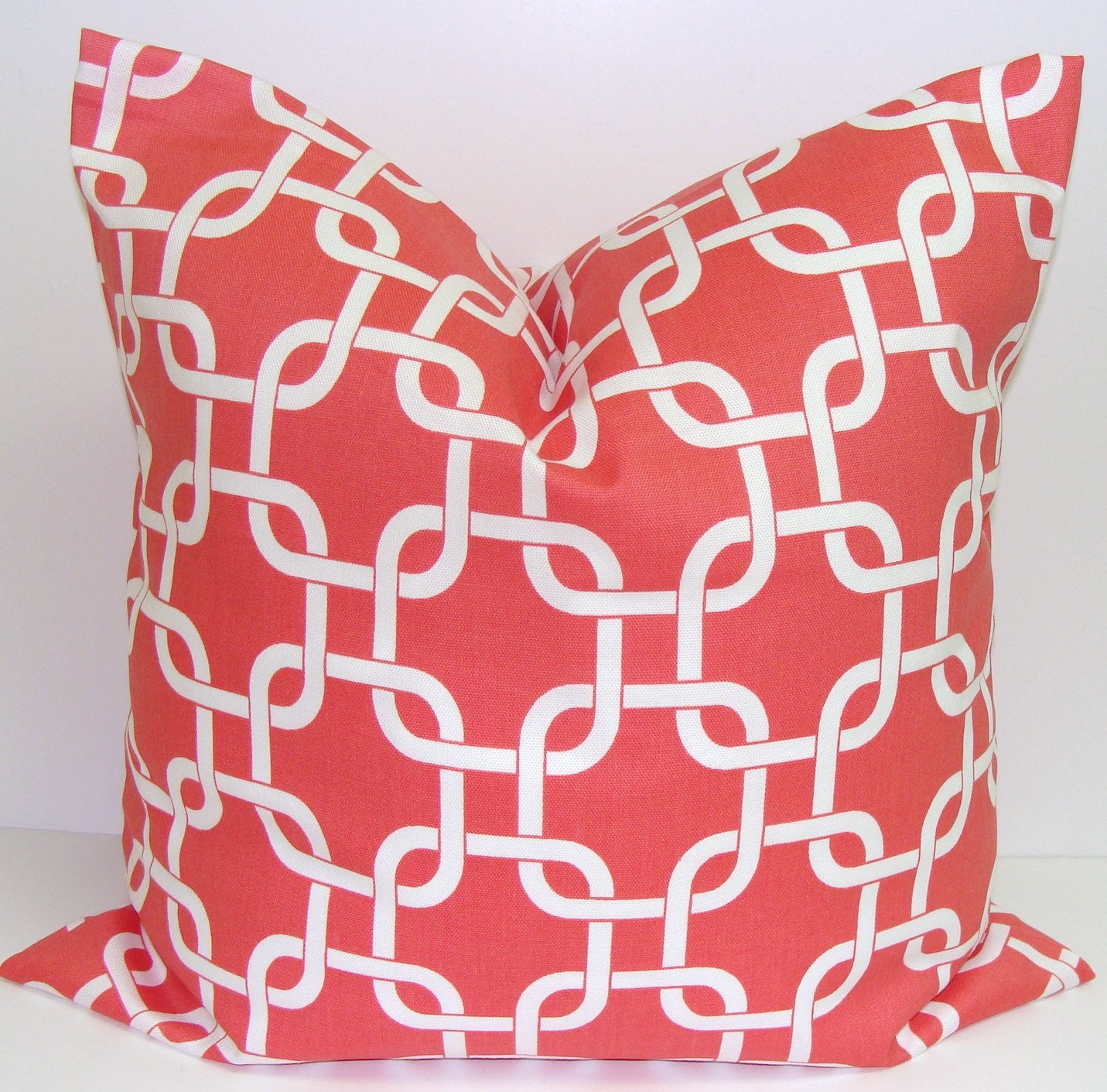 Coral Pillow SALE.16x16 inch.Chainlink Decorator Pillow Cover.Printed Fabric Front and Back.Housewares.Home Decor