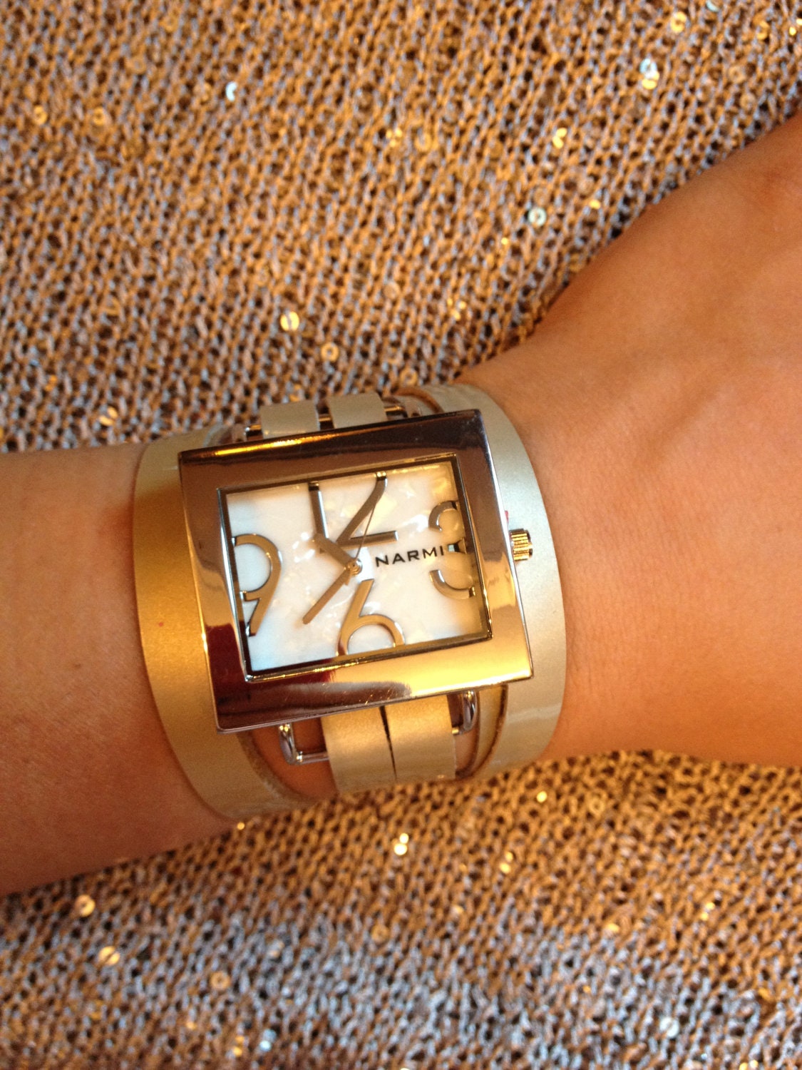 Metallic Leather pearl wrap watch