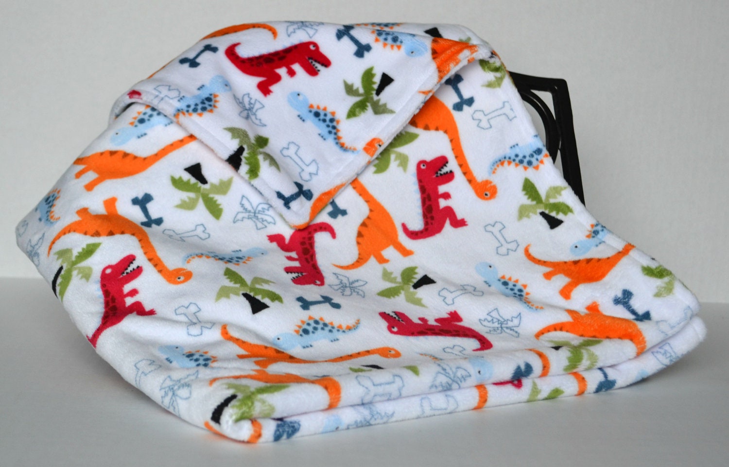 Baby Blanket Minky DOUBLE SIDED- Robert Kaufman dinosaur, dino dudes, boy, red, orange, brown, modern