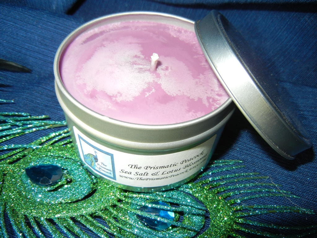 Ecofriendly Soy Candle 8oz Travel Tin Sea Salt & Lotus Blossoms