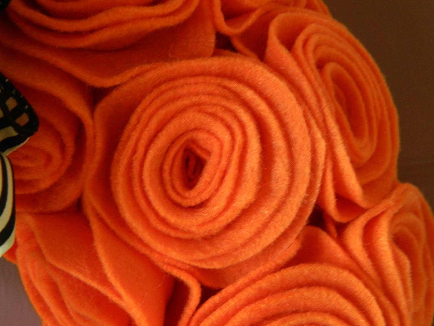 Halloween Wreath - Felt Wreath with Orange Rosettes and a Black and White Striped Bow - 12 inch