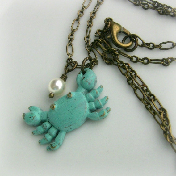 Beach Jewelry, Blue Crab Necklace, Cancer Sign Jewelry, Birthday Gift Ideas for Her, Limited Edition Seaside Chic - LAST TWO