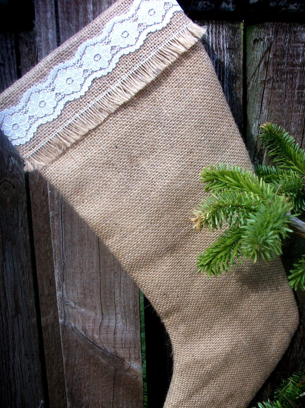 Christmas Stocking, Holiday Stocking in Burlap/Hessian and White  Lace Trim