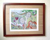 Acrylic Painting, Print, Whimsical, Fall, Fun, 11x14", Sisters, Friends, hearts, weather, wind