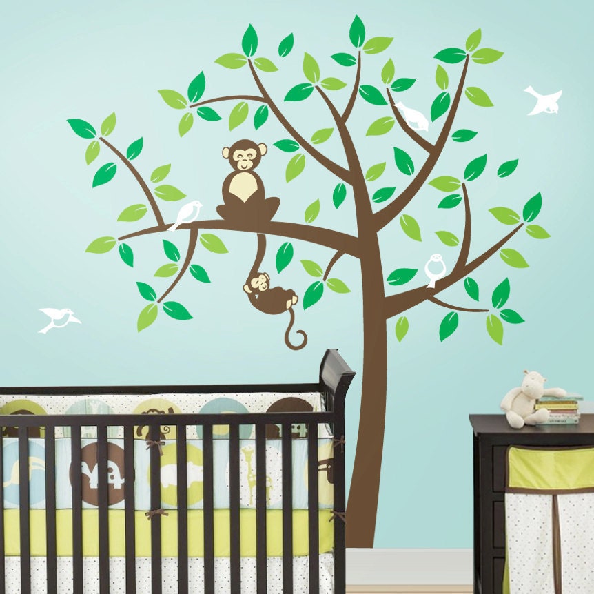 Monkey Tree Decal - Mommy and Baby Monkey - Nursery Vinyl Wall Tree Decal