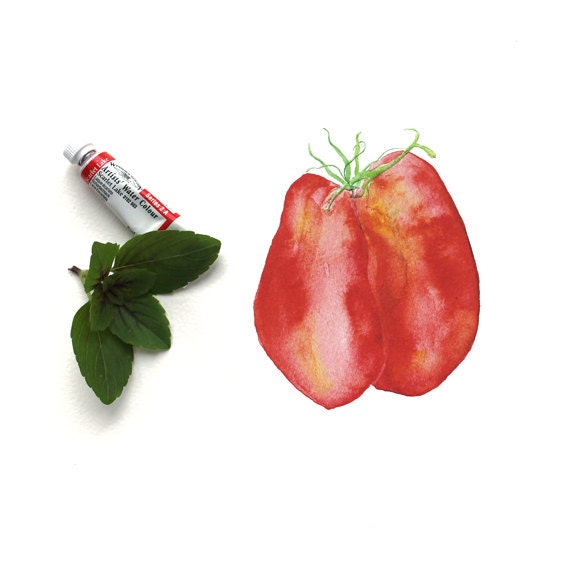 Tomatoes in Love Watercolor Painting - Art Print, Still Life, Fresh, Red & Green, Food, Vegetables, Kitchen Art, Botanical - Watercolour - trowelandpaintbrush