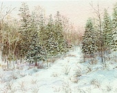 Winter Forest - Art Print of Watercolor Painting - Woodland, Snow Scene, Landscape, Trees, Snowy