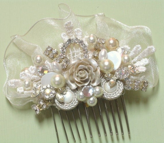 Romantic Bridal Hair Comb in Ivory with Champagne Rose- Rhinestone & Pearl Wedding Hair Piece- Hair Accessories