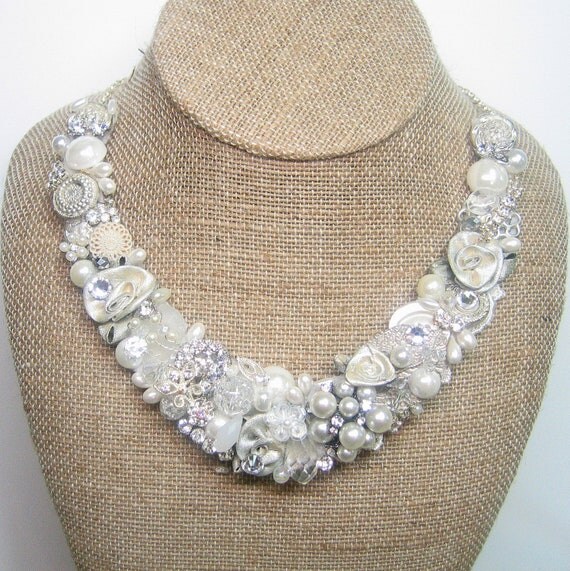 Pearl & Rhinestone Bridal Bib Necklace- Bridal Statement Necklace- Ivory Wedding Jewelry with Silver- Collar