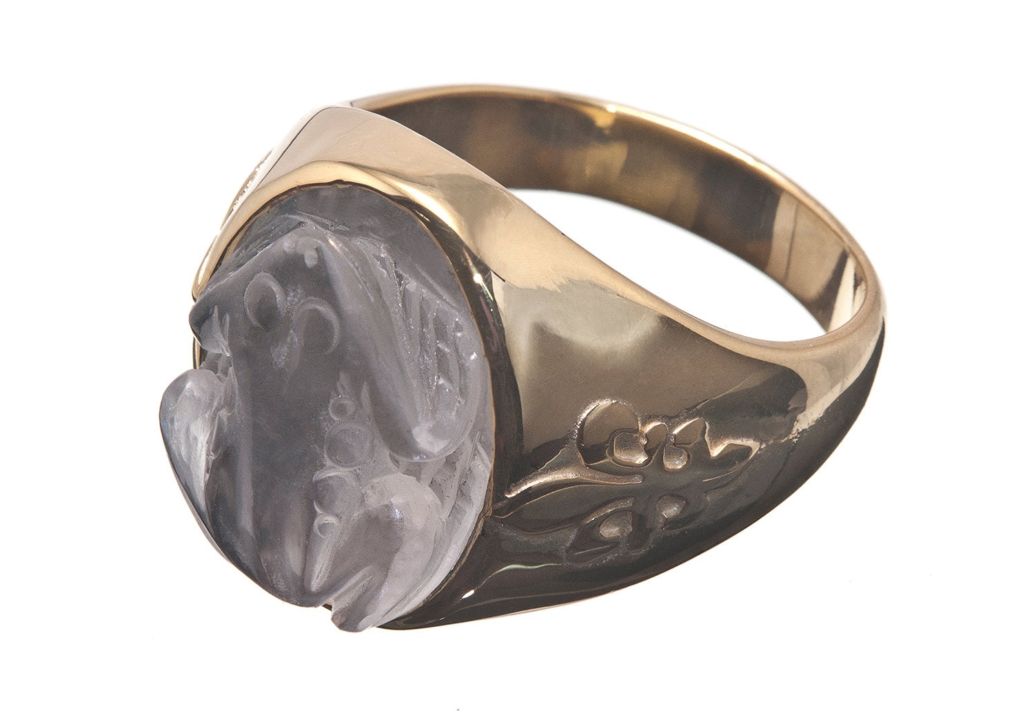 Rock Crystal Beautifully Carved Frog Gold Plated Silver Ring