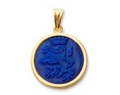 Lapis Gold Plated Silver Heraldic Lion with Crown Engraved Intaglio Fine Pendant