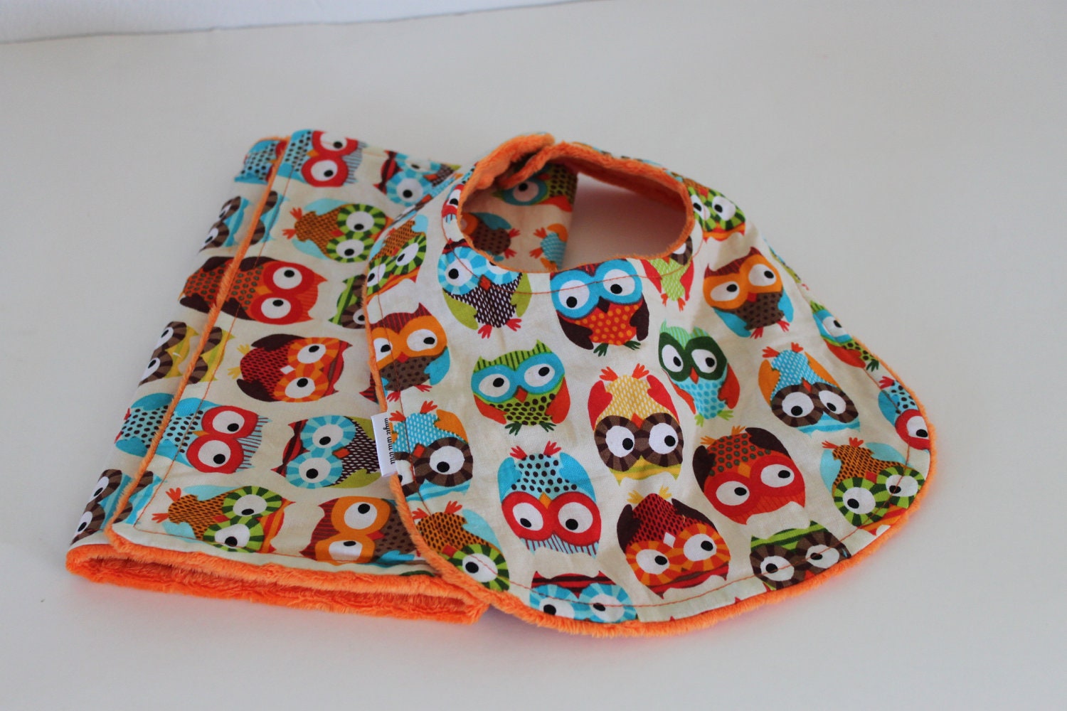Owl Baby Bib and Burp Cloth Set, Owl Bib, Owl Burp Cloth, Minky Bib and Burp Cloth