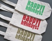 SALE - Happy Holidays Canvas Reusable Wine Bags - 3 Pack