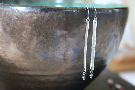 Long silver earrings, Long and lean earrings, Silver and pyrite earrings