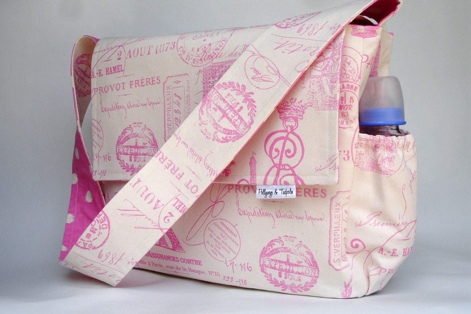 Diaper Bag/Tote Bag - "French Stamp" in paris pink - Large Messenger Bag with Inner and Outer Pockets