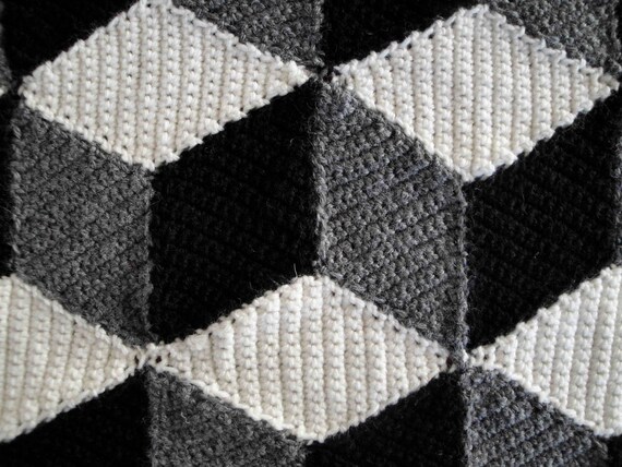 Isometric Blanket / Afghan - Geometric Black White & Grey Crochet