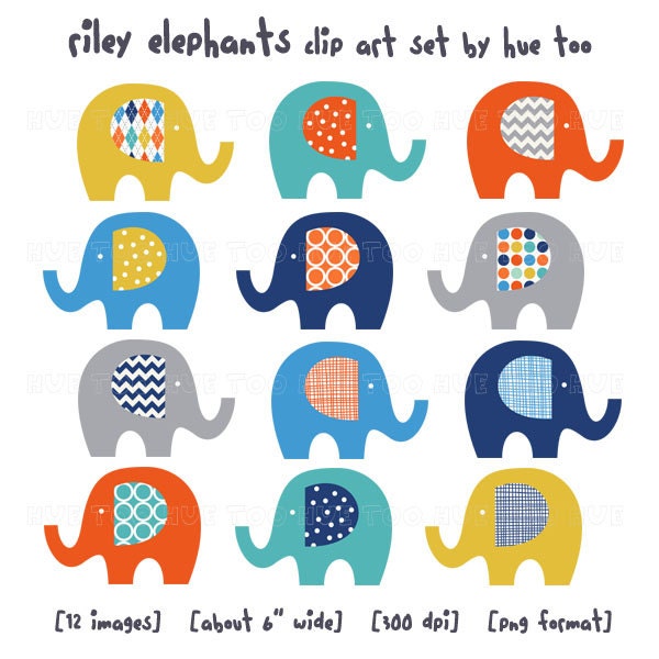 clip art elephants, boy elephant clipart, bright orange teal blue navy gray yellow, cute image for invitations, boy baby shower 033